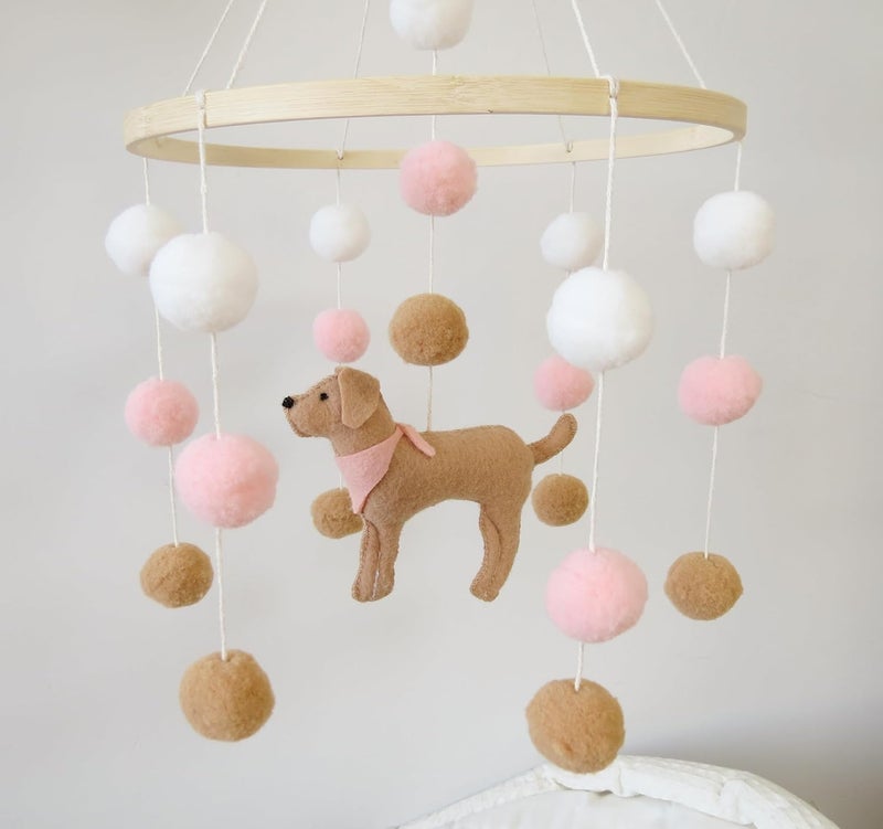 Goukurlsma Baby Crib Mobile for Girls Boys Dog Theme Baby Mobile for Crib Mobile for Bassinet with Felt Ball, Pink - Image 1